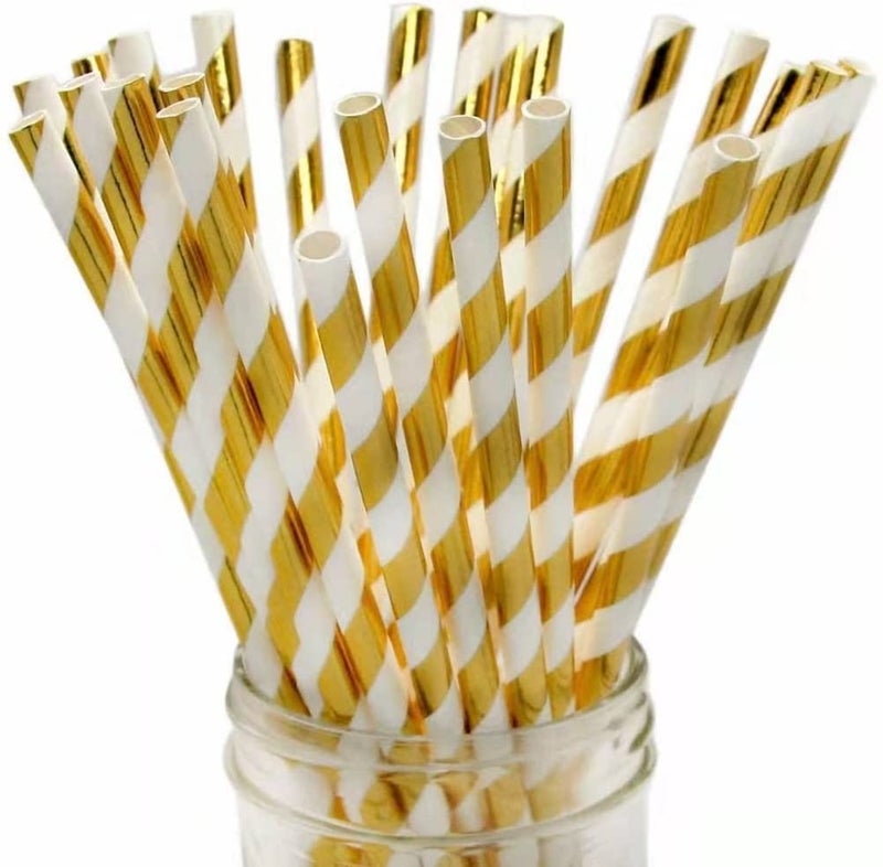 BOFA Eco Tableware Clinquant Gold Lightful Stripes Paper Straws, Christmas Weddings Decoration Party Drinking Straws, 100 Pcs Disposable Gold Striped Straw in Kraft Box - Image 1